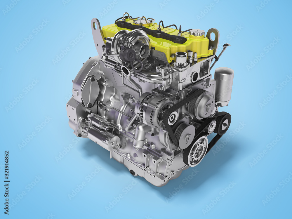 3D rendering yellow diesel engine for car perspective on blue background with shadow 3D rendering yellow diesel engine for car perspective on blue background with shadow