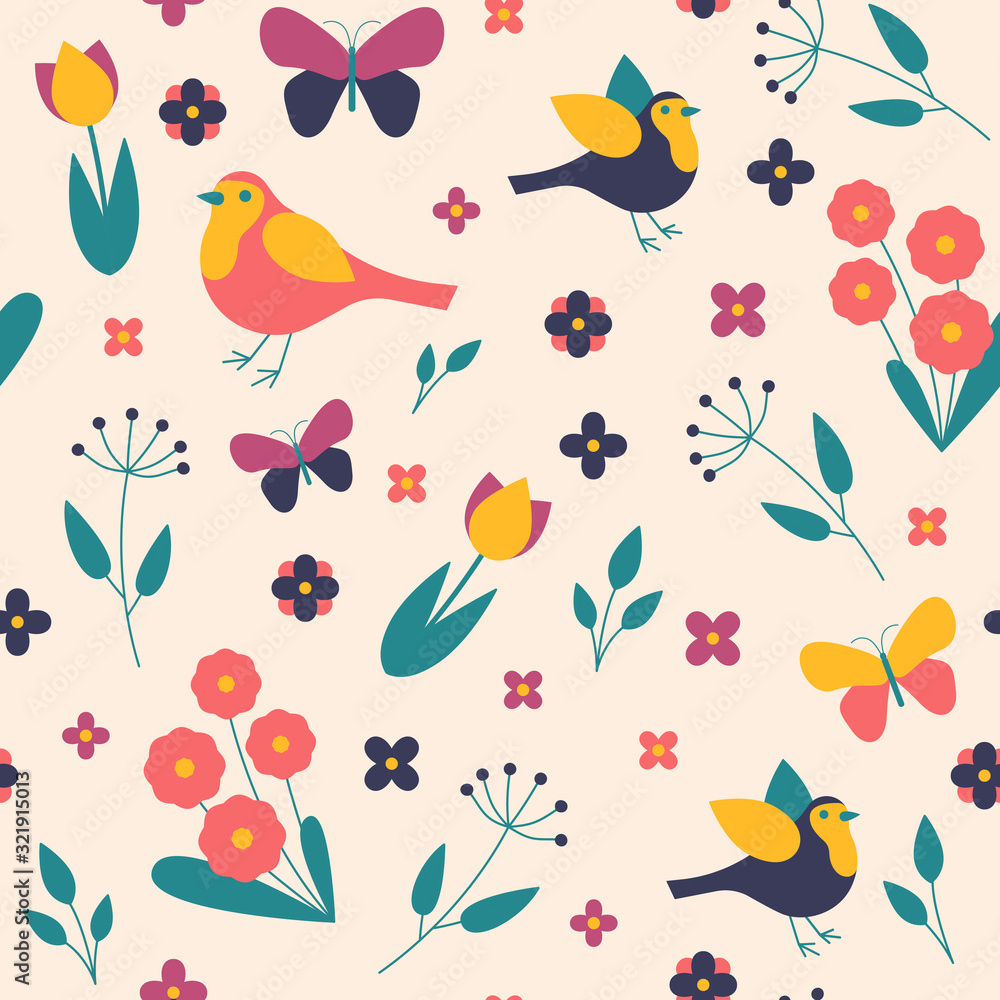 Fototapeta premium Seamless pattern seasons spring birds, flowers and leaves