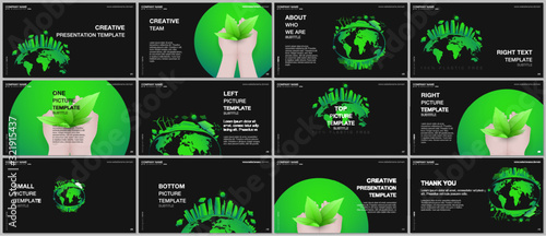 Presentation design vector templates, multipurpose template for presentation slide, flyer, brochure cover design. Green city concept. Green sustainable energy, sustainable development concept.