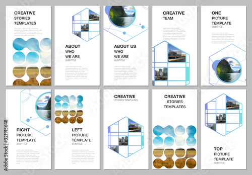 Social networks stories design, vertical banner or flyer templates. Covers design templates for flyer, leaflet, brochure cover. Abstract smart technology design with hexagons and place for photo.