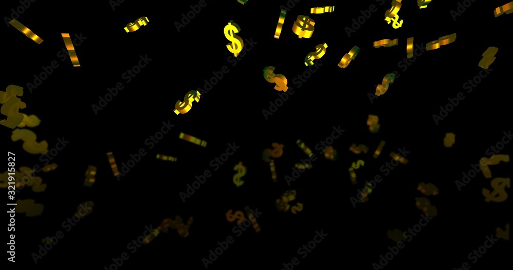 Golden 3d dollar symbols falling on the black background. Finance event background. 3D render Golden 3d dollar symbols falling on the black background. Finance event background. 3D render