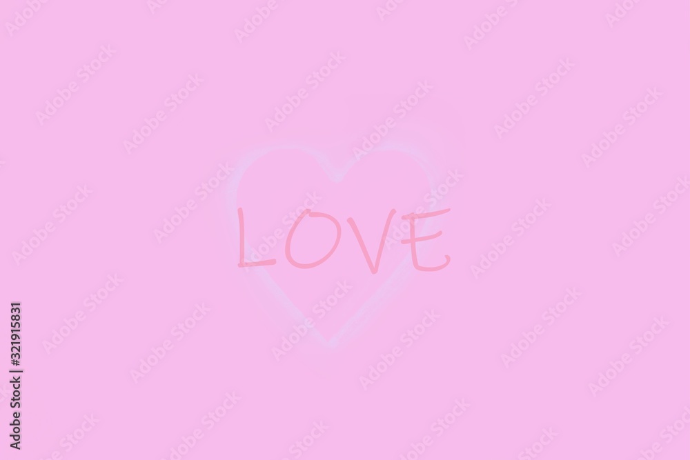 Delicate white heart with word Love. Love word in heart. Greeting card. Pink background