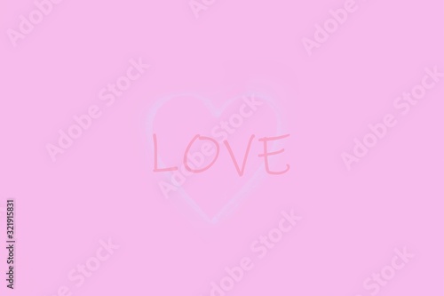 Delicate white heart with word Love. Love word in heart. Greeting card. Pink background