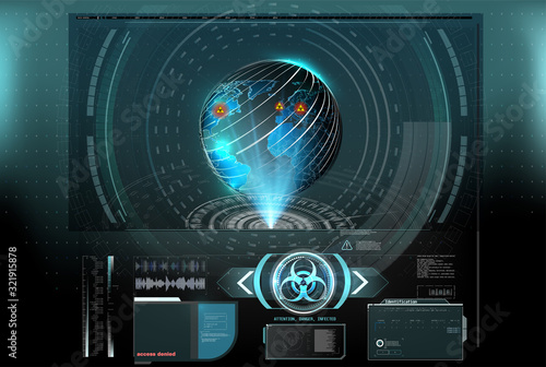 Map of the spread of the virus in the world, the coronavirus epidemic in China, a map of the spread and infection in the world. Warning frame. Abstract tech design Blue futuristic frame in HUD style