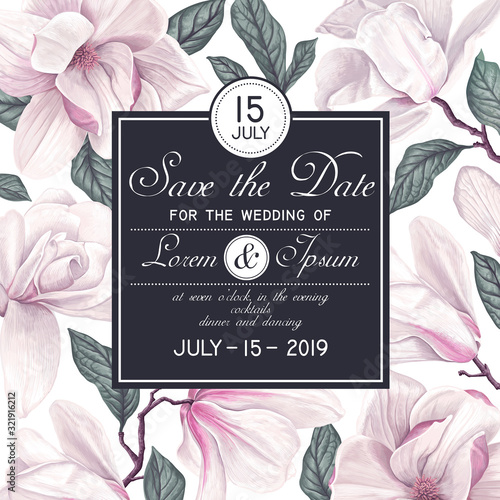 Save the Date card template with white magnolia flowers. Spring, botanical wedding invitation card. Realistic style, hand drawn floral elements for greeting cards, party poster. Vector EPS format.