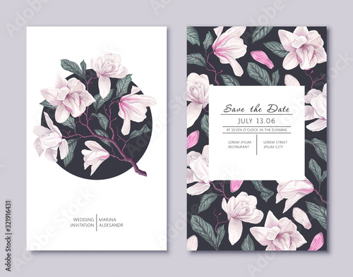 Botanical wedding invitation card. Template design with white magnolia flowers. Spring flowers, branches, petals and leaves. Vector, realistic style, high detail. Collection of Save the Date and RSVP 