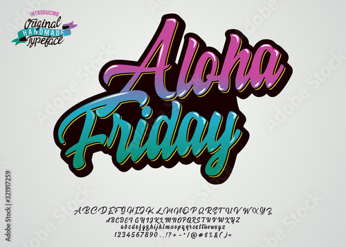 Aloha friday. Hand made script font. Vacation summer time. Waikiki beach. Vector illustration. Retro typeface and logo. Summer style.