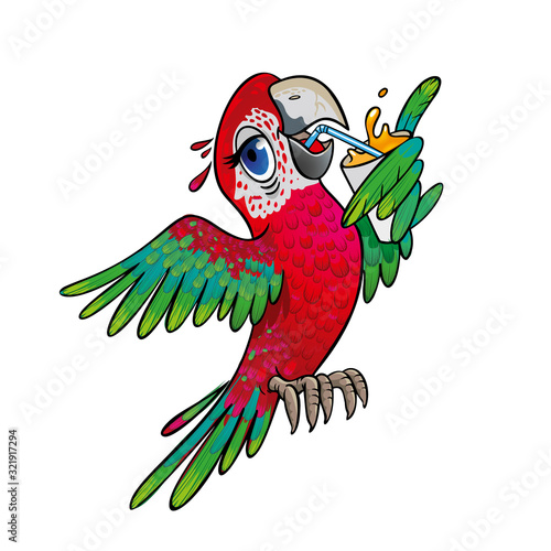 Cartoon parrot wild animal bird. The parrot drinks a fruit juice.