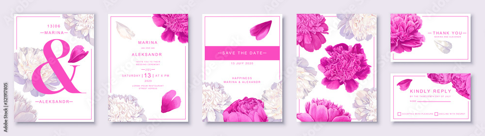 Botanical wedding invitation card. Template design with peonies flowers and petals. Modern, realistic style, hand drawn illustration. Collection of Save the Date and RSVP in vector EPS format. Botanical wedding invitation card. Template design with peonies flowers and petals. Modern, realistic style, hand drawn illustration. Collection of Save the Date and RSVP in vector EPS format.