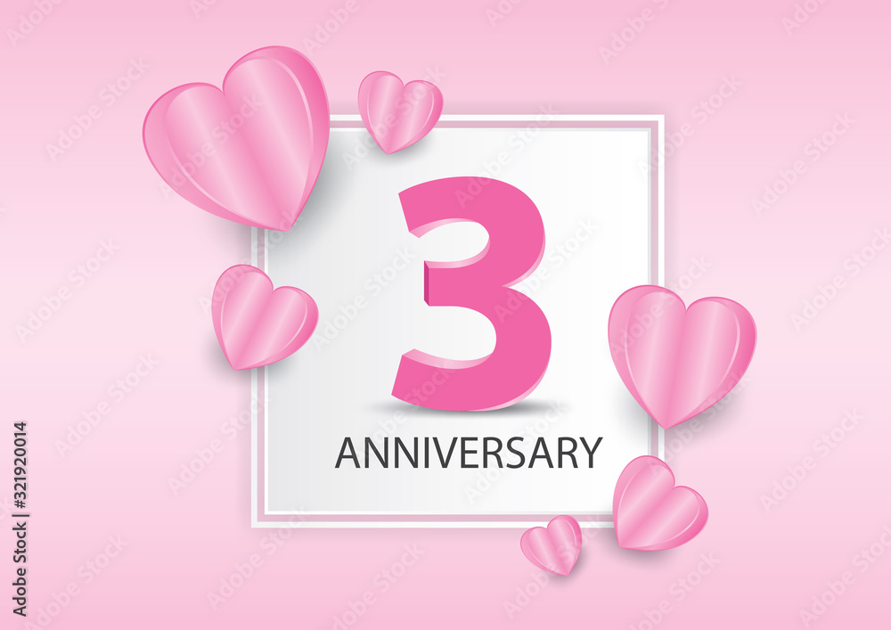 3 Years Anniversary Logo Celebration With heart background. Valentine’s Day Anniversary banner vector template