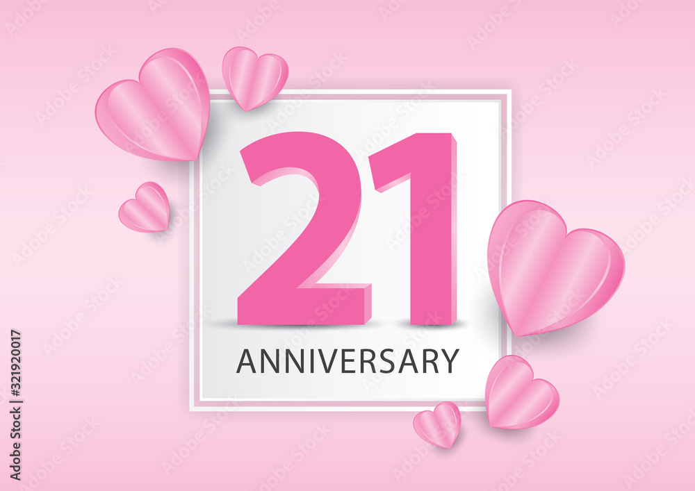 21 Years Anniversary Logo Celebration With heart background. Valentine’s Day Anniversary banner vector template