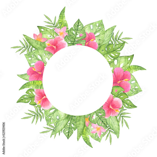 watercolor illustration round frame wreath of green tropical leaves on a white background. copy space for texte. For cards  design  banners  backgrounds  invitations.