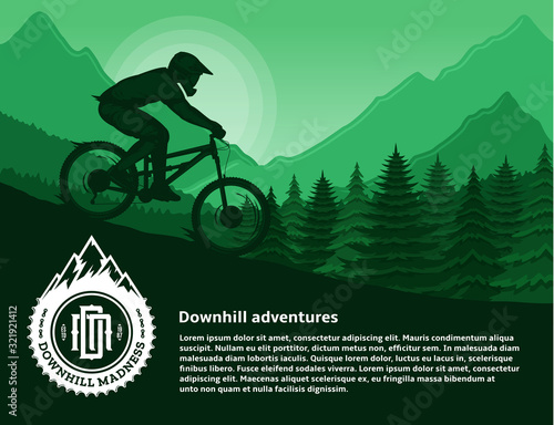 Vector mountain biking illustration with a cyclist, mountains and trees