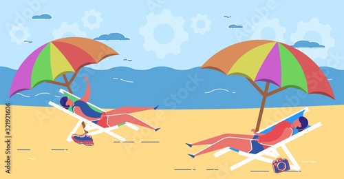 Woman Lying on Chaise and Relax under Umbrella