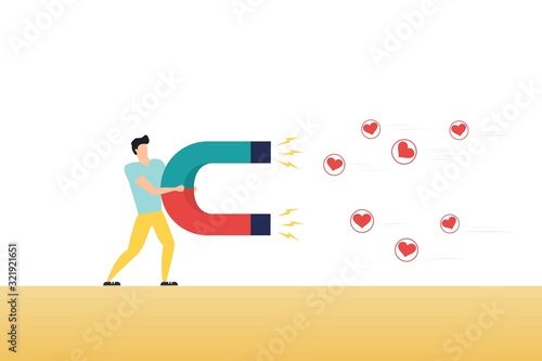 WebBusinessman attracting likes signs with a huge magnet. Social media marketing concept. Modern vector illustration.