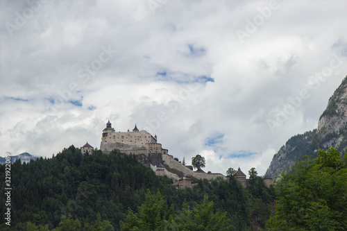 view of valley in Austrian alps with Hohenwerfen castle