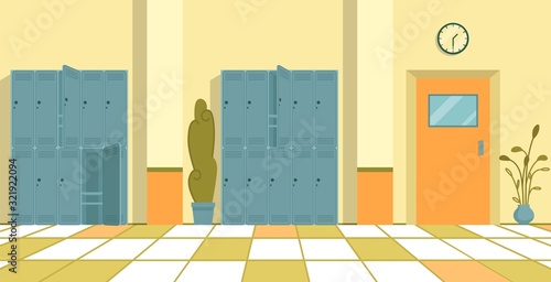 Blue Metal Lockers in Empty High School Corridor