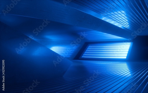 Fototapeta Naklejka Na Ścianę i Meble -  3d render, blue neon abstract background, ultraviolet light, night club empty room interior, tunnel or corridor, glowing panels, fashion podium, performance stage decorations,