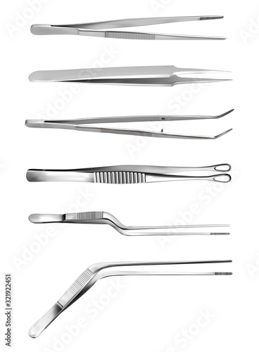 Set of tweezers. Long serrated angled tweezers, anatomical forceps, dental straight surgical pincers, curved tweezers, bayonet pincette, tumor grasping forceps. Manual surgical instrument. Vector