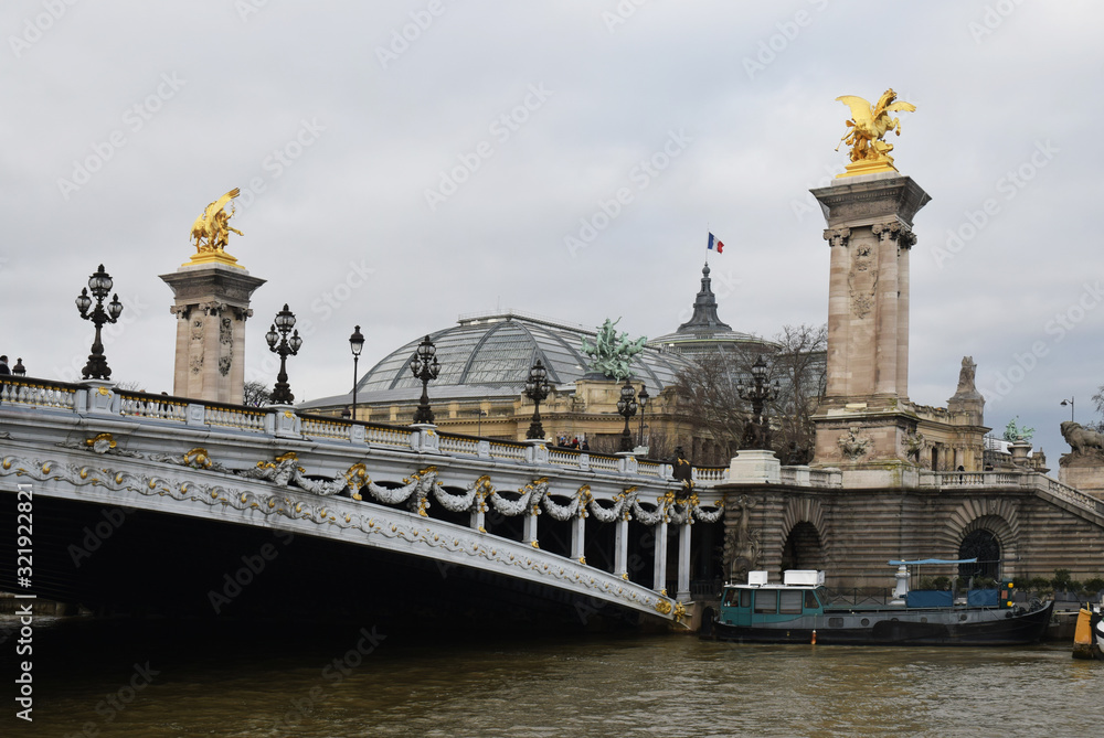 La verrière du Grand palais, le pont Alexandre III, la Seine, à Paris, France.