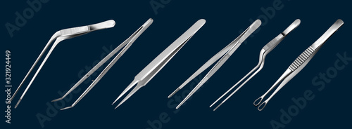 Set of tweezers. Long serrated angled tweezers, anatomical forceps, dental straight surgical pincers, curved tweezers, bayonet pincette, tumor grasping forceps. Manual surgical instrument. Vector