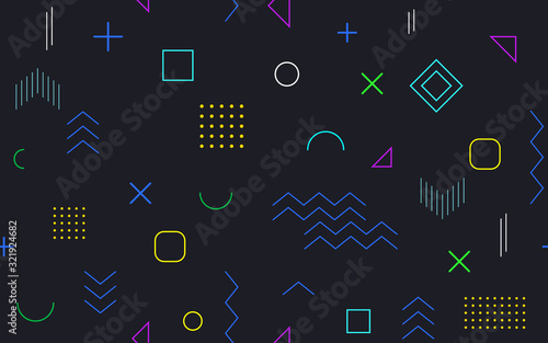 Trendy game geometric elements memphis card. Seamless memphis pattern for tissue and postcards. Hipster poster, juicy, bright color background. Vector background for app or games.