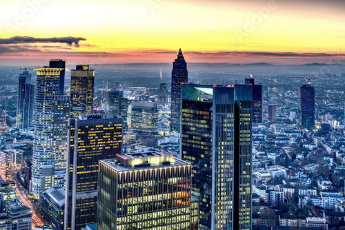 Aerial view of Frankfurt am Main at sunset. Frankfurt, Germany at golden hour. hdr shoot photo