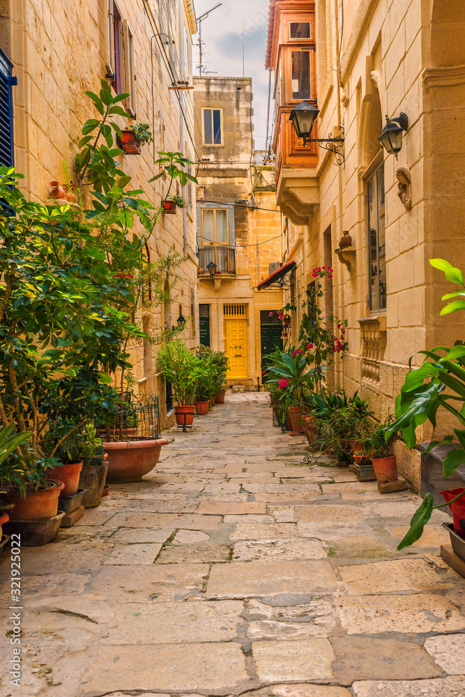 Valletta, Malta. Old medieval empty street with yellow buildings and flower pots. Vertical orientation