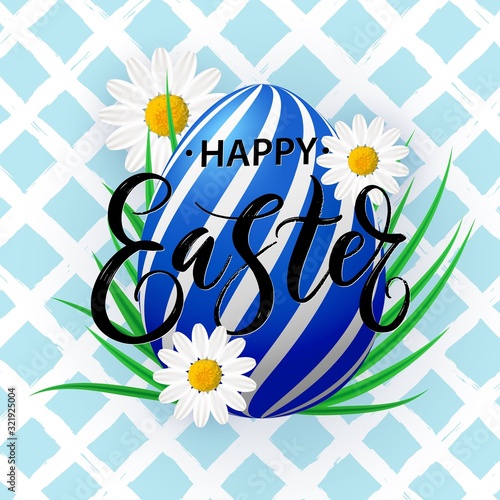 Vector card Happy Easter with lettering on decorated egg and spring flowers. Easter poster with realistic egg, green grass, blooming Bellis on hand drawn background.