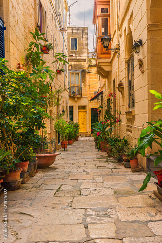 Fototapeta Naklejka Na Ścianę i Meble -  Valletta, Malta. Old medieval empty street with yellow buildings and flower pots. Vertical orientation