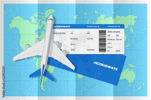 Realistic airline ticket boarding pass with airplane on world map. Air travel by aircraft plane blue color document vector illustration
