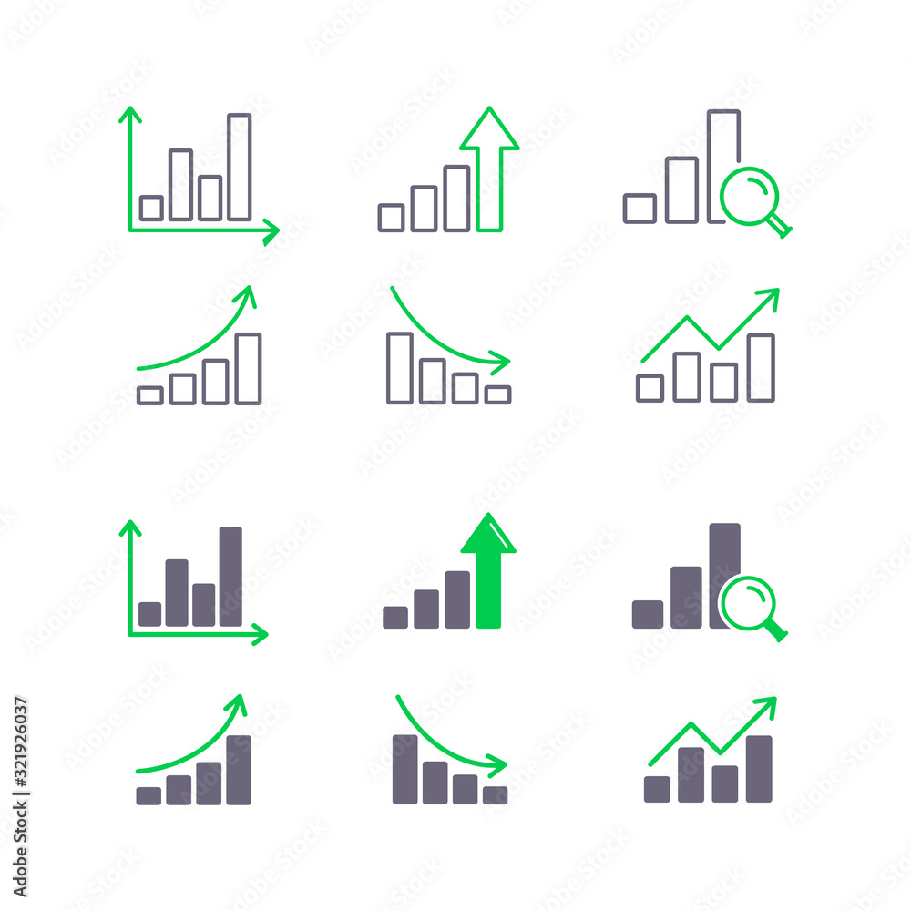 Growing graphs and growth charts icon set, vector illustration Growing graphs and growth charts icon set, vector illustration