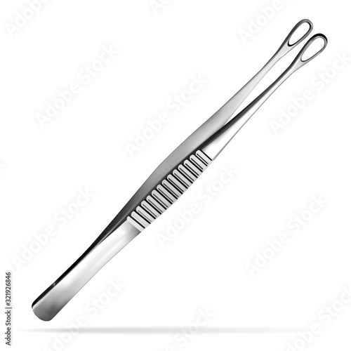 Surgical tumor grasping forceps. Tweezers for deduction of a tumor of a brain. Surgeon s hand tool. Realistic object on a white background. Vector