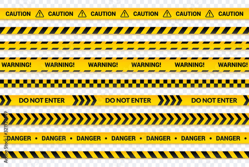 Caution tape set, yellow warning lines, danger symbol, arrows, yellow strips with black text and signs. Abstract horizontal banner collection with attention message, vector illustration. © viktoria_ngm