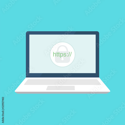 Laptop with a lock on the screen illustration. Secure your site with HTTPS, internet communication protocol.	