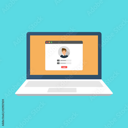 Laptop with login and password form page on screen. Sign in to account, user authorization, login authentication page concept. Username, password fields. Flat design, illustration on background