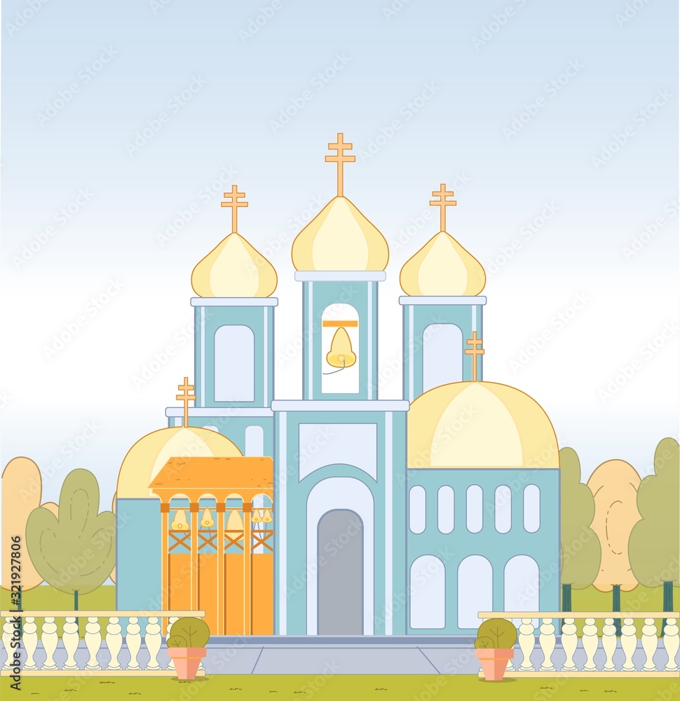 Flat Orthodox Church with Bell, Crosses on Domes