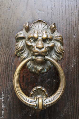 artful lion head as a door knocker on an antique door in Italy