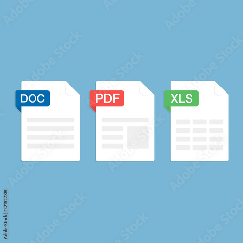 Set of Document File Formats and Labels icons. DOC, PDF, XLS. illustration.	