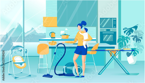 Mother Holding Newborn Baby in Hand Cleaning Room