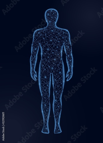 Human body low poly vector illustration on dark background. Medicine, science and technology concept.