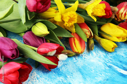 blooming daffodils and easter tulips for spring decoration