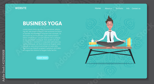 Yoga at job or meditation break at work. Landing page template with office manager sitting and meditating. Modern cartoon vector illustration for web banner, advertisement. Vector flat illustration