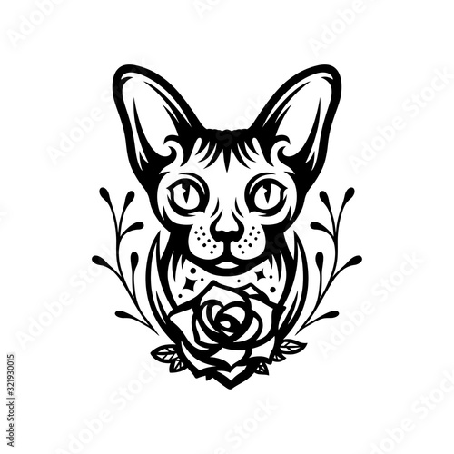 Sphinx cat head portrait tattoo drawing. Vector illustration.