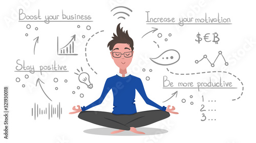 Yoga at job. Businessman relaxing in lotus position with hand drawn line icons on the background. Cartoon style man meditating in office for logo or banner voucher. Vector flat illustration