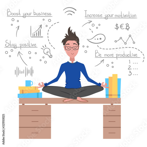 Yoga at job. Businessman relaxing in lotus position with hand drawn line icons on the background. Cartoon style man meditation in office for logo or banner voucher. Vector flat illustration