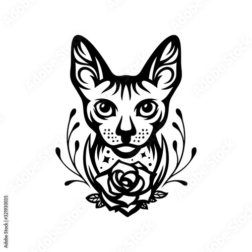 Sphinx cat head portrait tattoo drawing. Vector illustration.