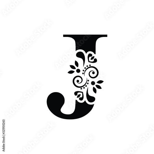 letter J. Vintage black flower ornament initial letters.  Alphabet. Logo vector 