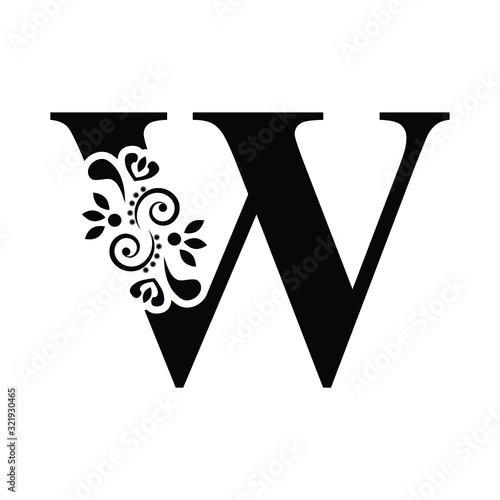 letter W. Vintage black flower ornament initial letters. Alphabet. Logo vector 