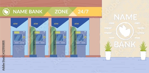 ATM Machine Hall Background with Bank Equipment.